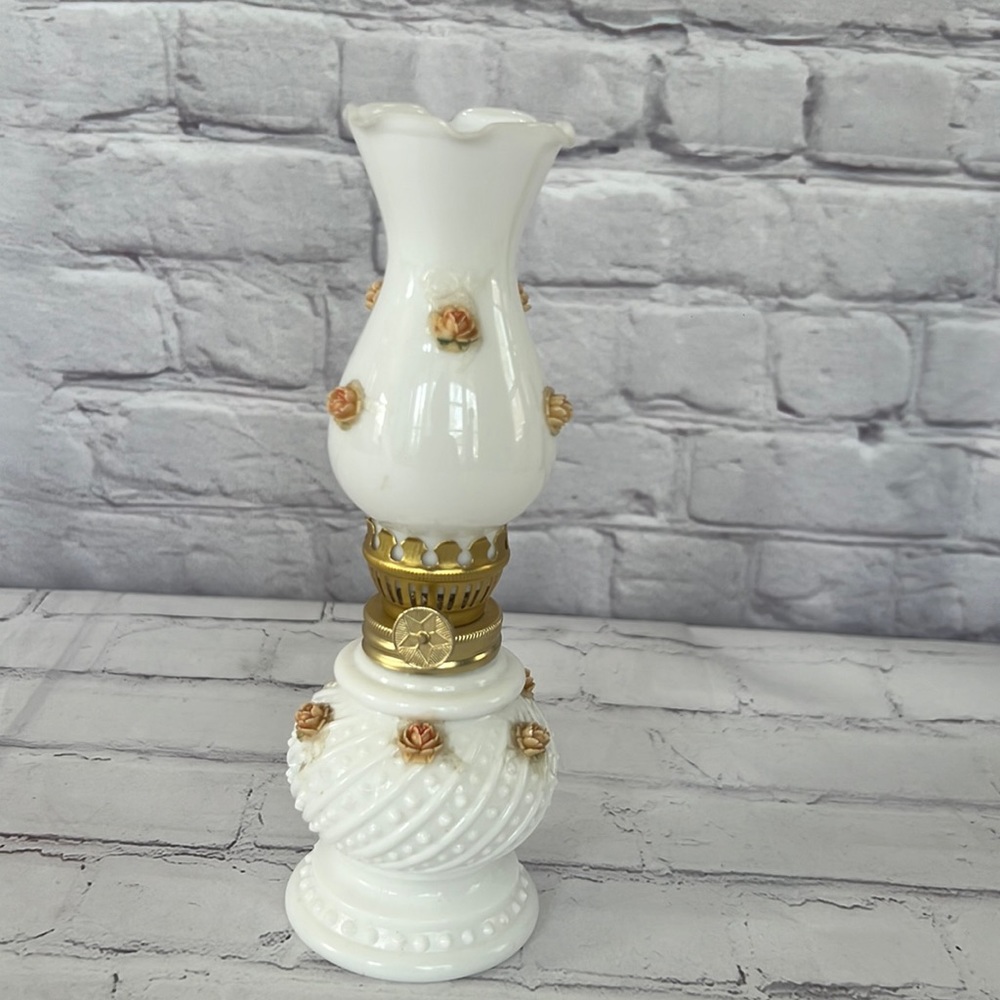 vintage 60’s milk glass miniature Boudoir oil table lamp RARE